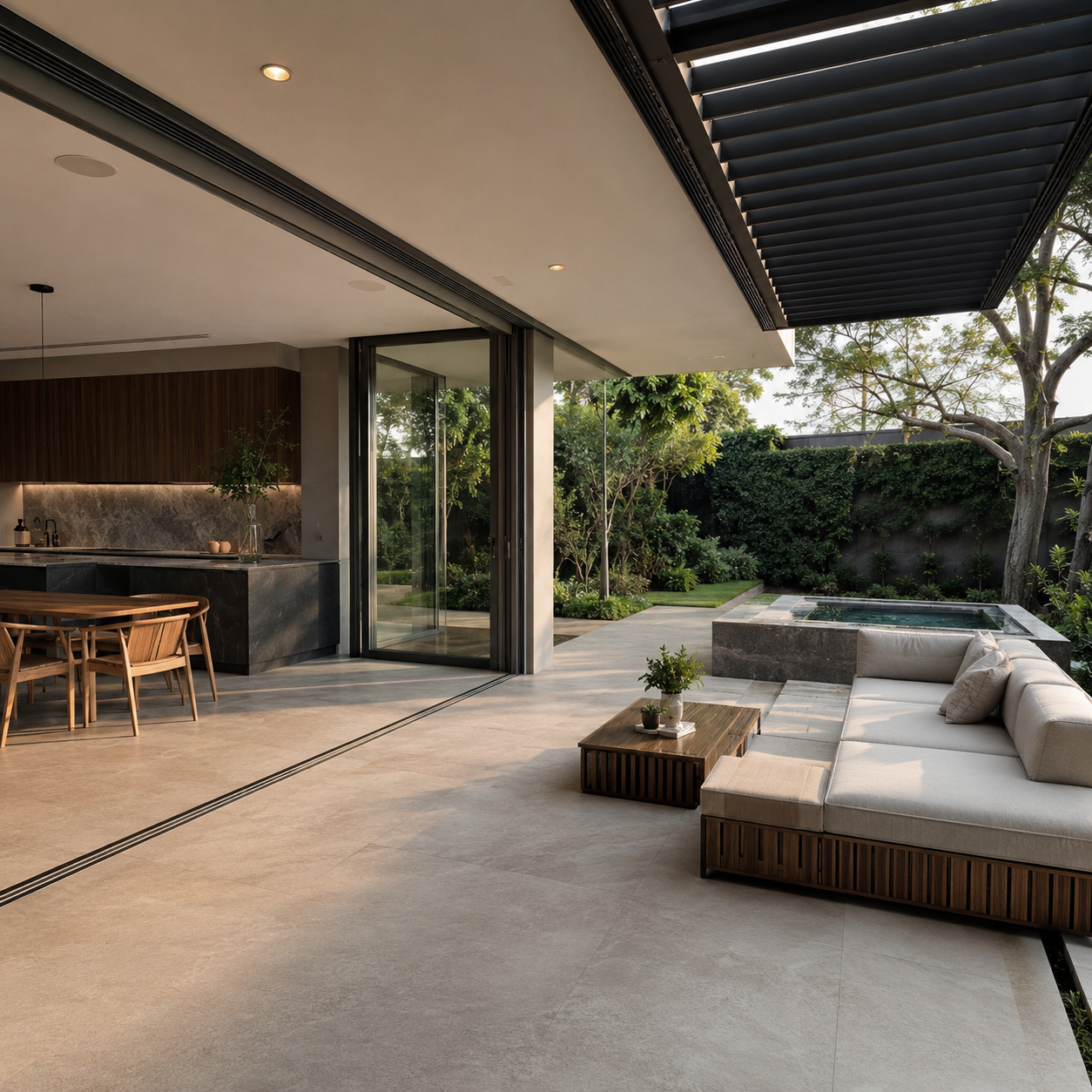 La arquitectura exterior como parte esencial de la experiencia contemporánea Espacio exterior contemporáneo integrado visualmente al interior de una vivienda moderna mediante diseño arquitectónico elegante y porcelanato premium.