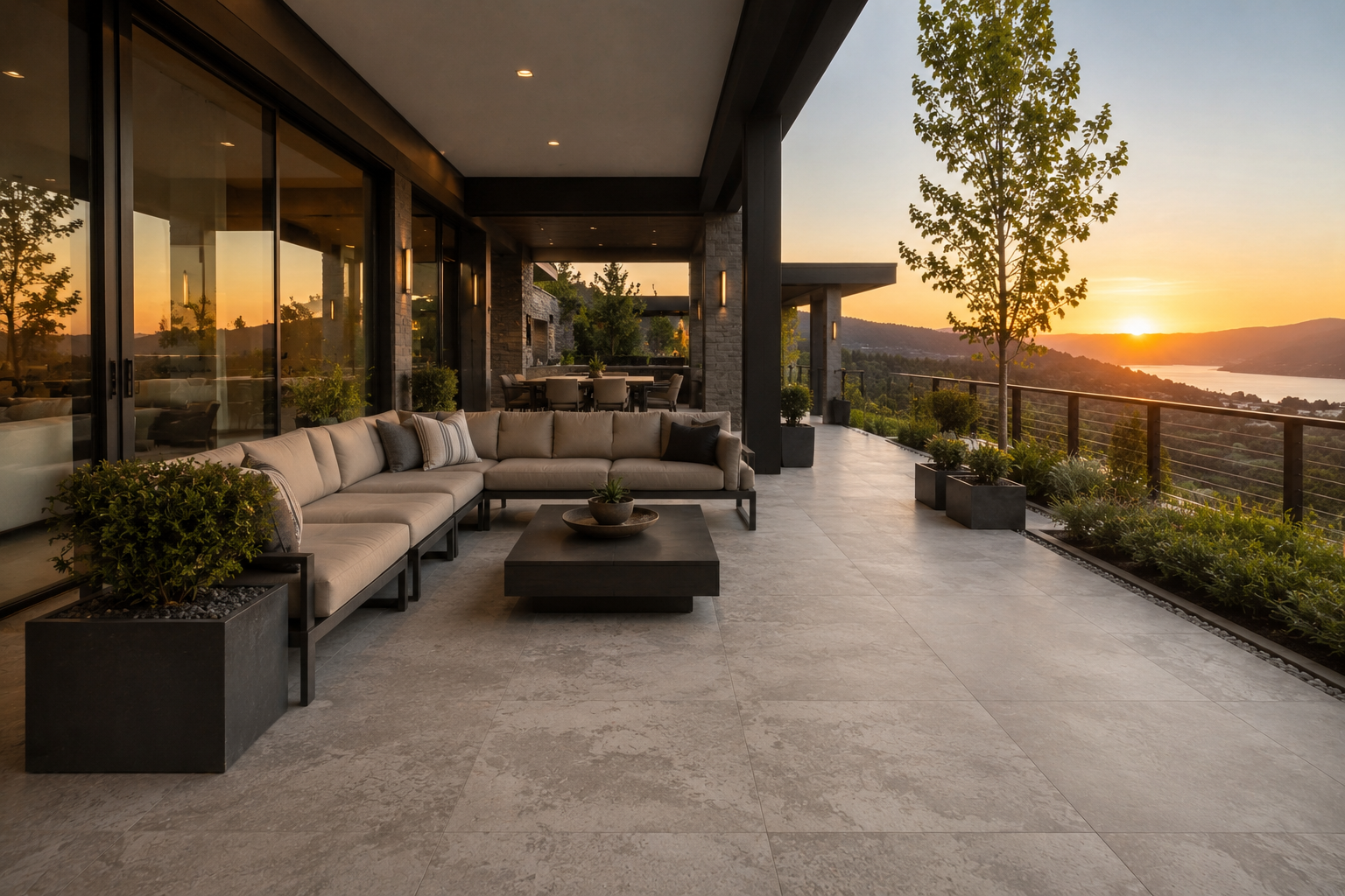Terraza exterior contemporánea con porcelanato premium resistente al clima Espacio exterior moderno con porcelanato premium diseñado según clima, drenajes, seguridad y estilo arquitectónico contemporáneo.