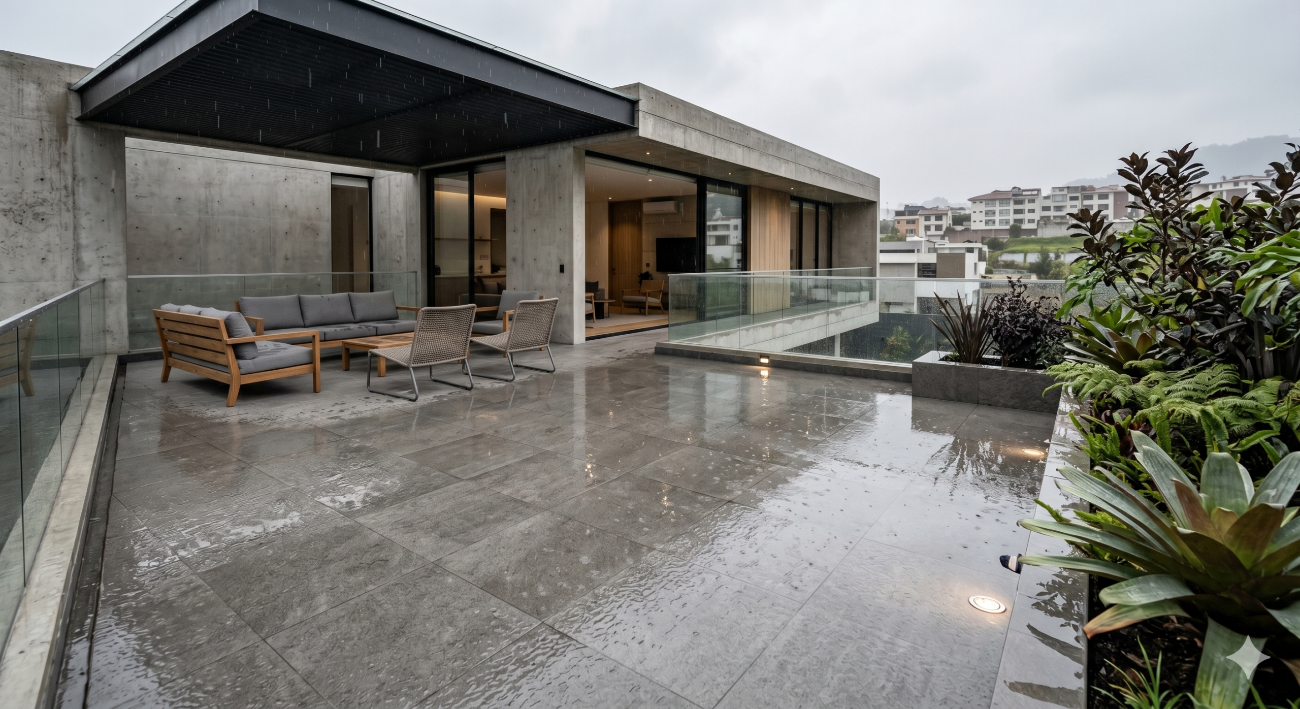 Terraza exterior moderna con porcelanato antideslizante bajo lluvia ligera Terraza contemporánea con porcelanato texturizado antideslizante mojado por lluvia ligera, mobiliario exterior moderno y ambiente seguro en condiciones húmedas.
