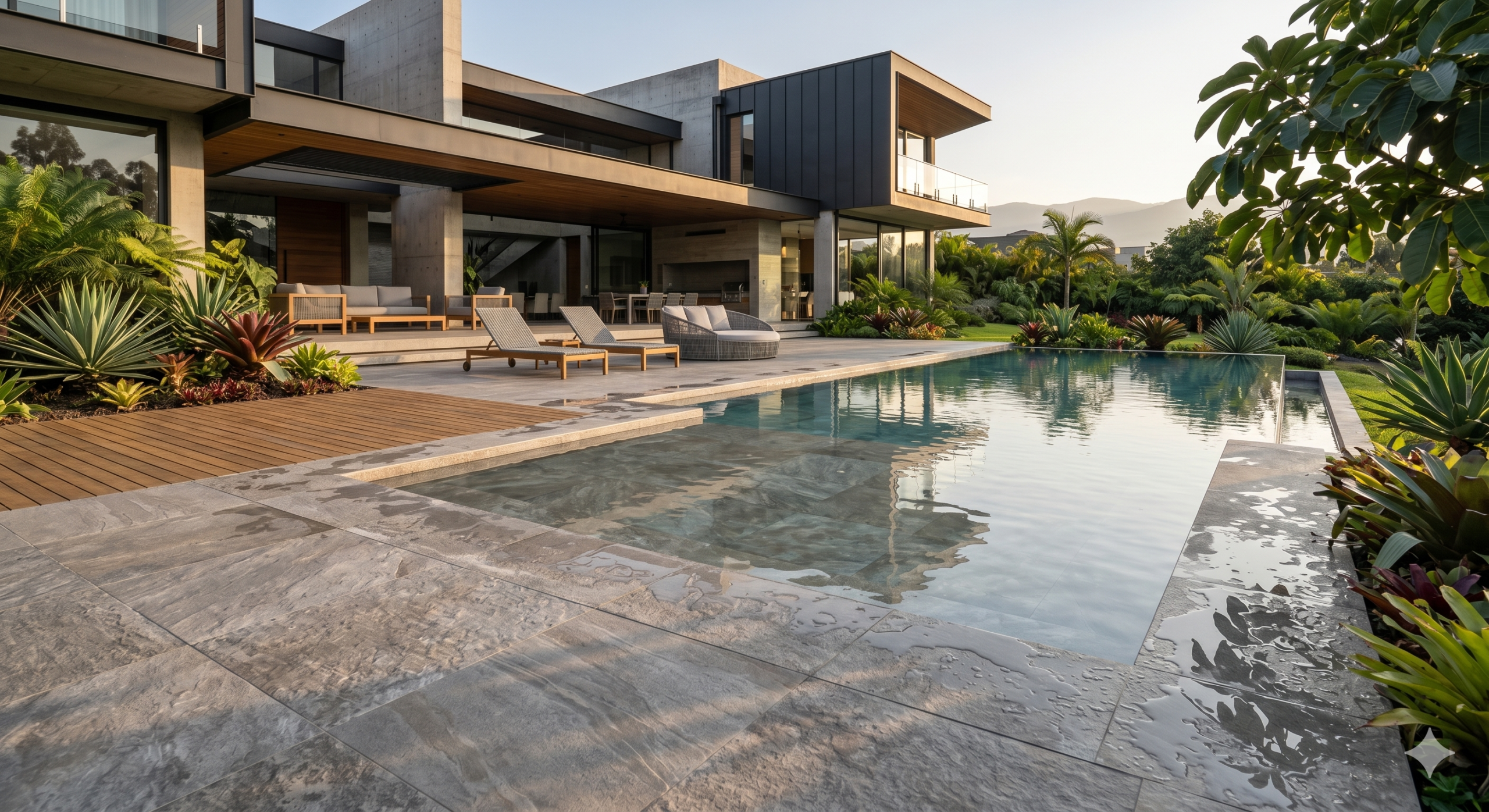 Zona de piscina con porcelanato exterior seguro y resistente a la humedad Área social exterior junto a piscina con porcelanato antideslizante de acabado texturizado diseñado para seguridad y resistencia en espacios húmedos.